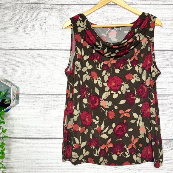 Croft & Barrow Red & !Brown Fall Floral Cowl Neck Sleeveless Blouse Top Size XL - Picture 1 of 8